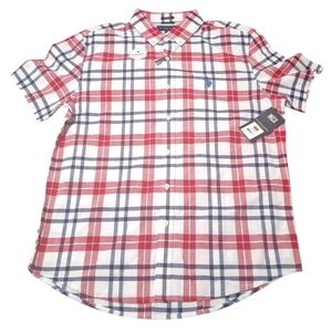 NWT U.S POLO ASSN Mens Red White Blue Plaid Button Up Short Sleeve Shirt Sz Med